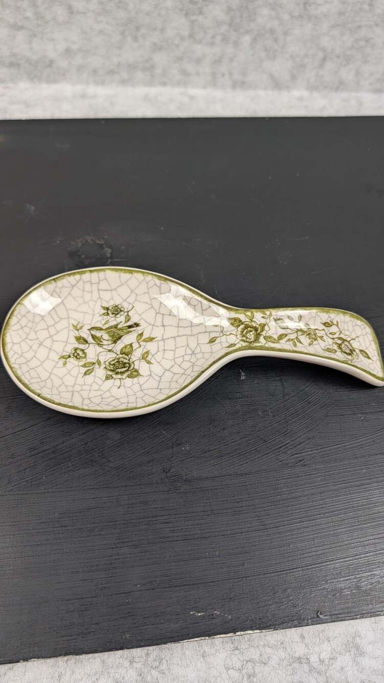 Susan Winget Garden Crackle Design White & Green Bird Ceramic Spoon Rest